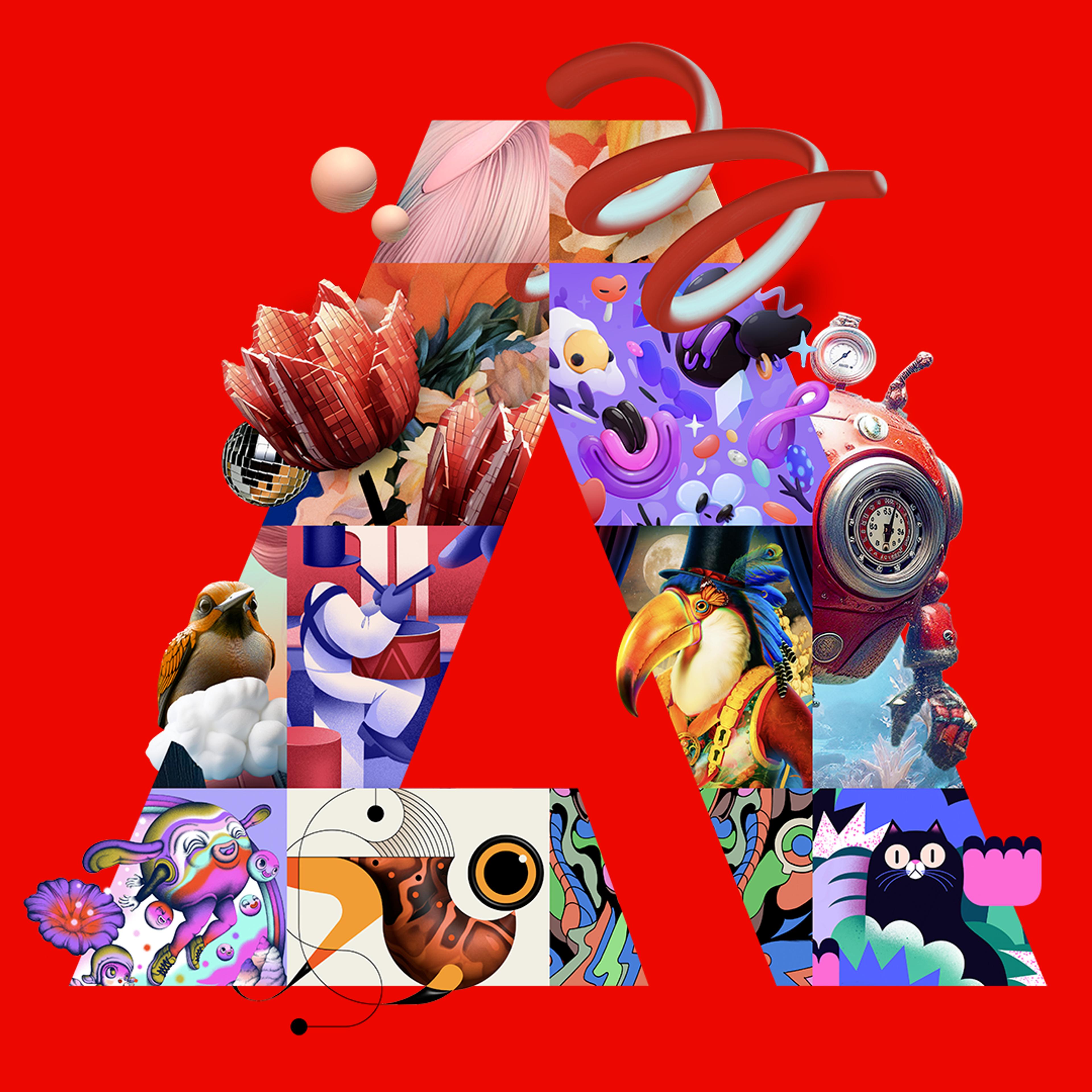 Abstract design featuring a Adobe's symbol (letter A) filled with various illustrations against a solid red background.