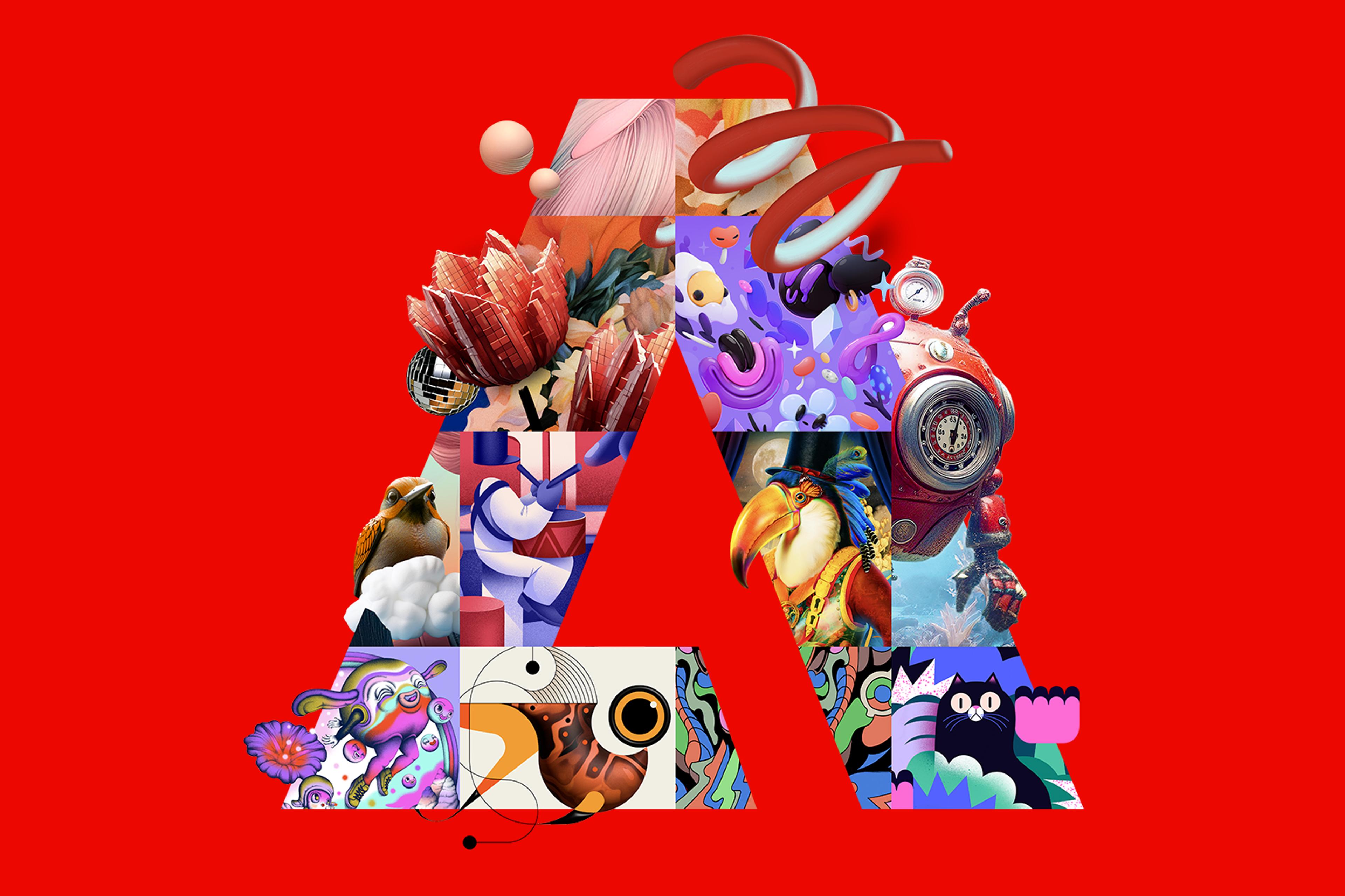 Abstract design featuring a Adobe's symbol (letter A) filled with various illustrations against a solid red background.