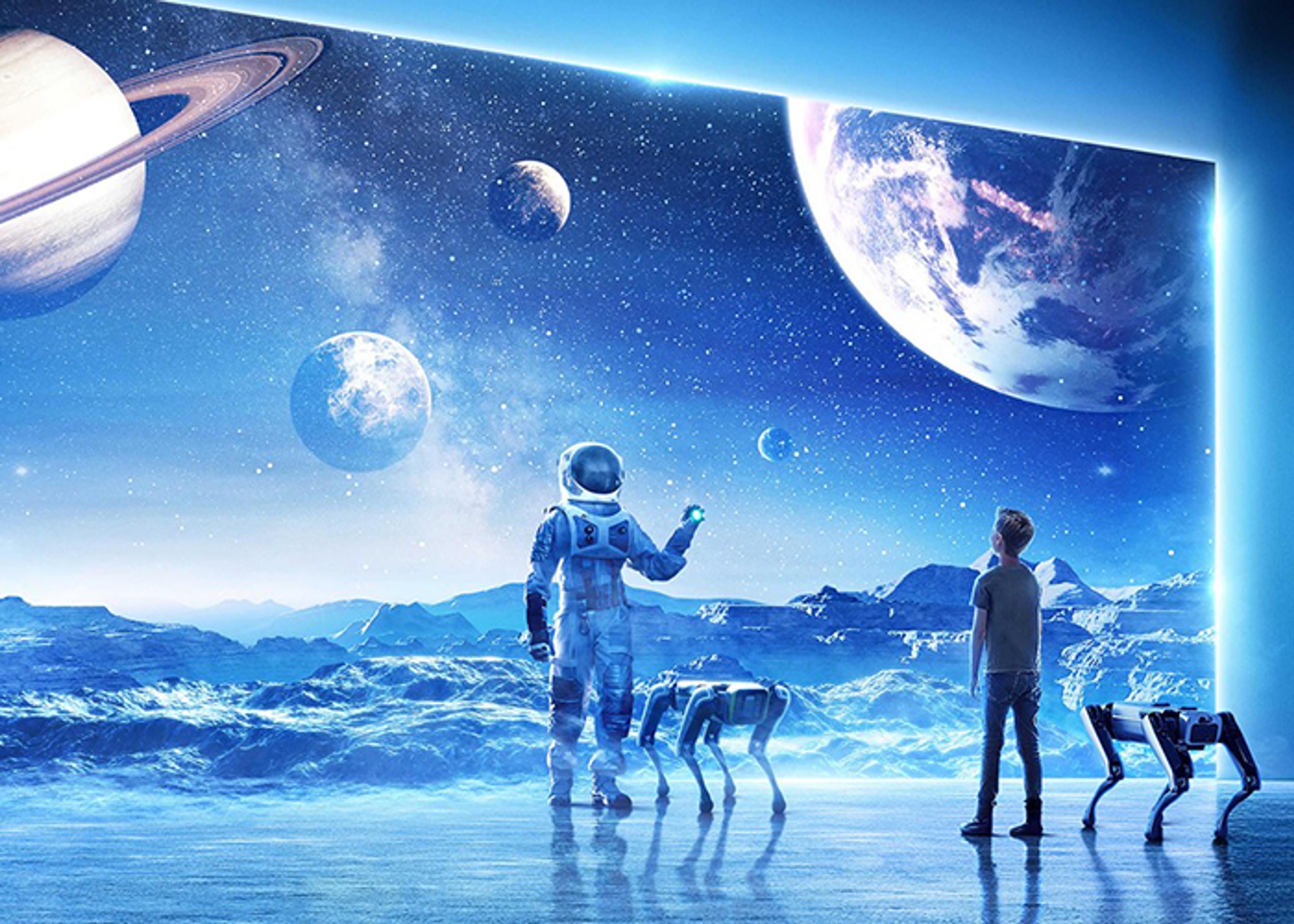 An astronaut stands near two robotic dogs while a boy watches a large screen displaying a view of planets and space.