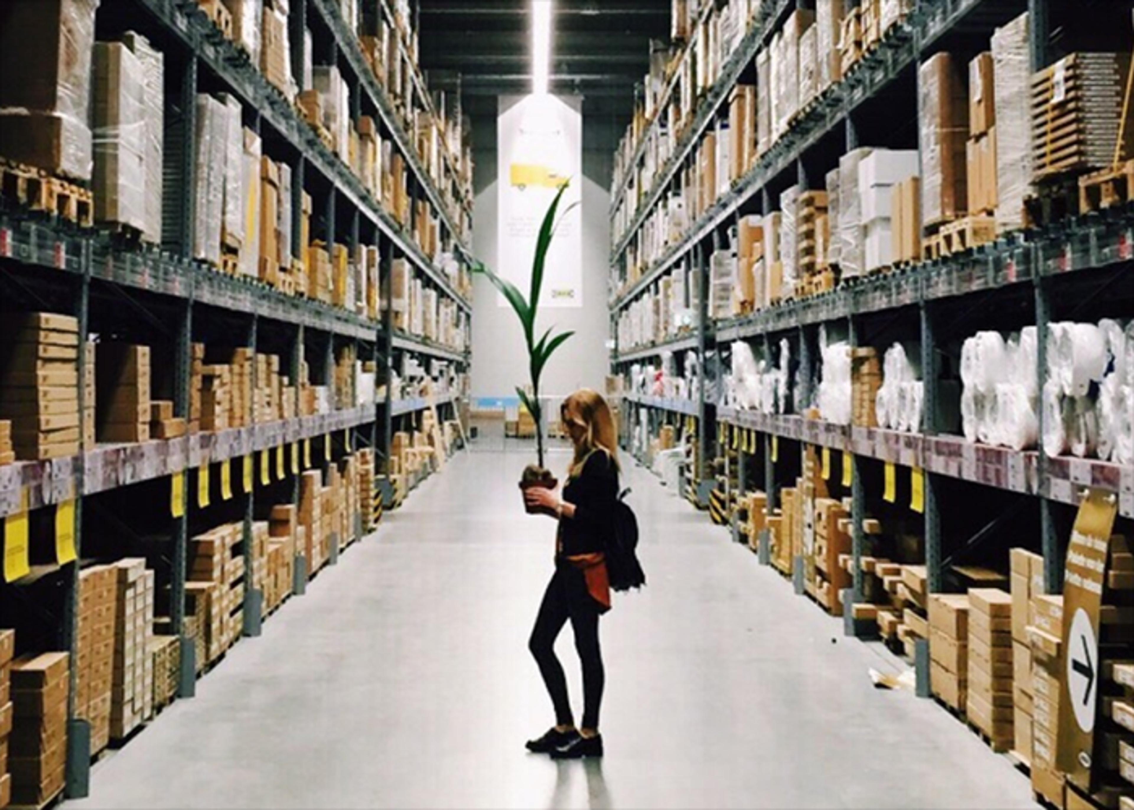 In an IKEA store aisle, a woman stands holding a potted plant, her expression neutral, with tall, fully stocked shelves lining each side.