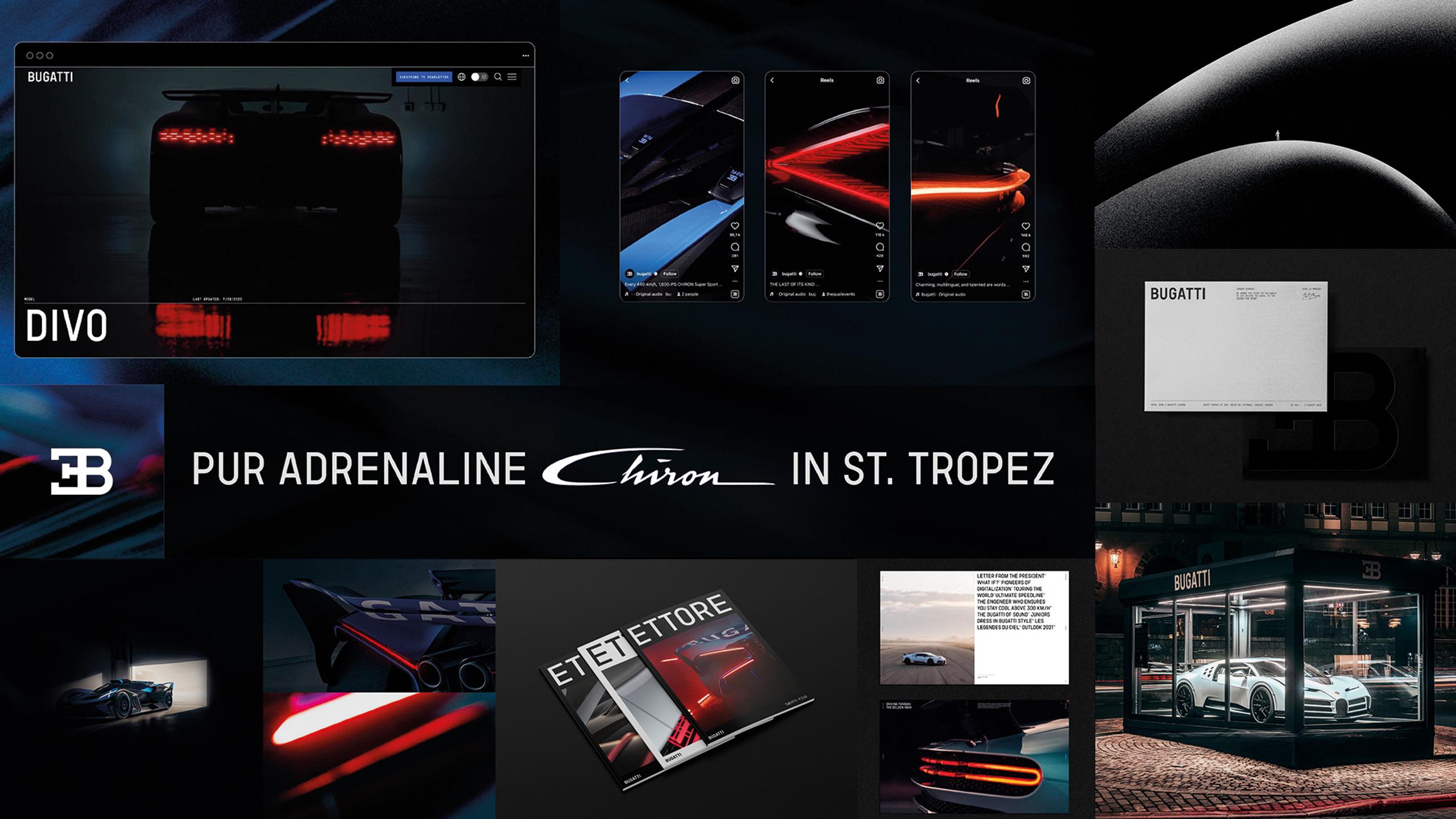 Collage showcasing Bugatti design elements: the Bugatti emblem, the Bugatti wordmark, photography of a Bugatti car, and the Bugatti typeface beside text that reads "Inspired by Light" on a dark background.