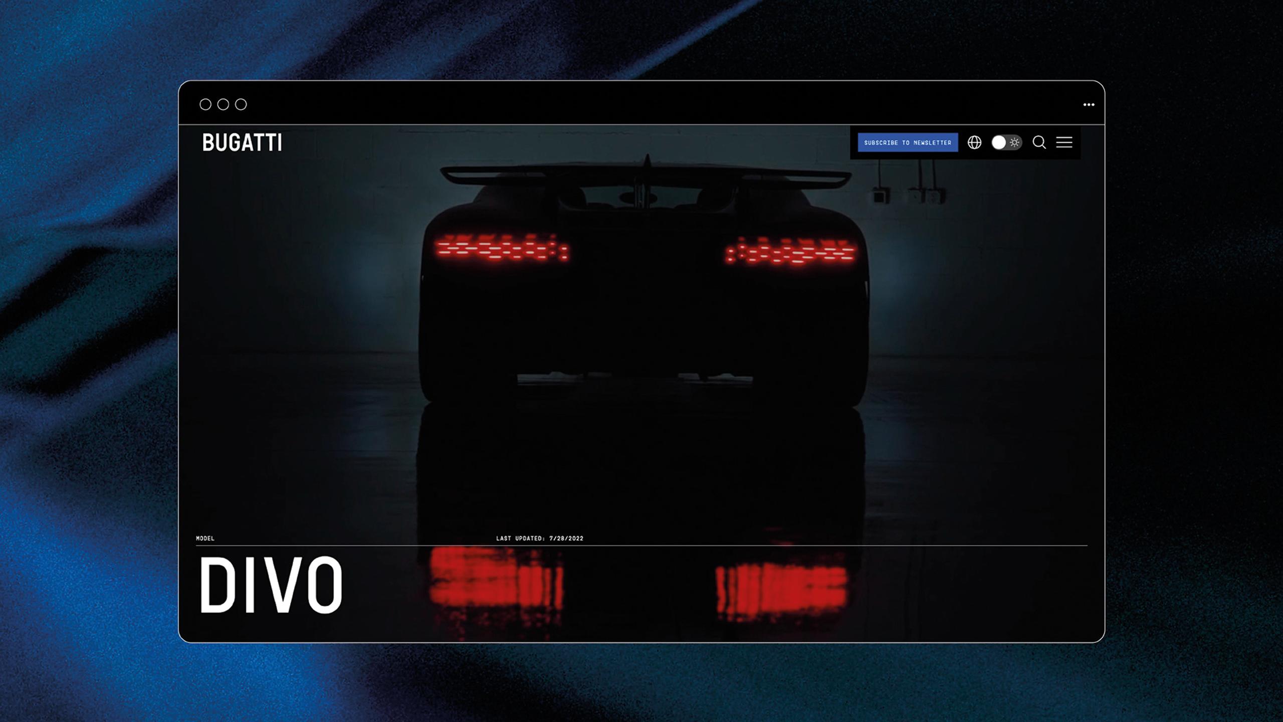 A simulated computer screen displays the back end of the Bugatti Divo, featuring its iconic rear lights.
