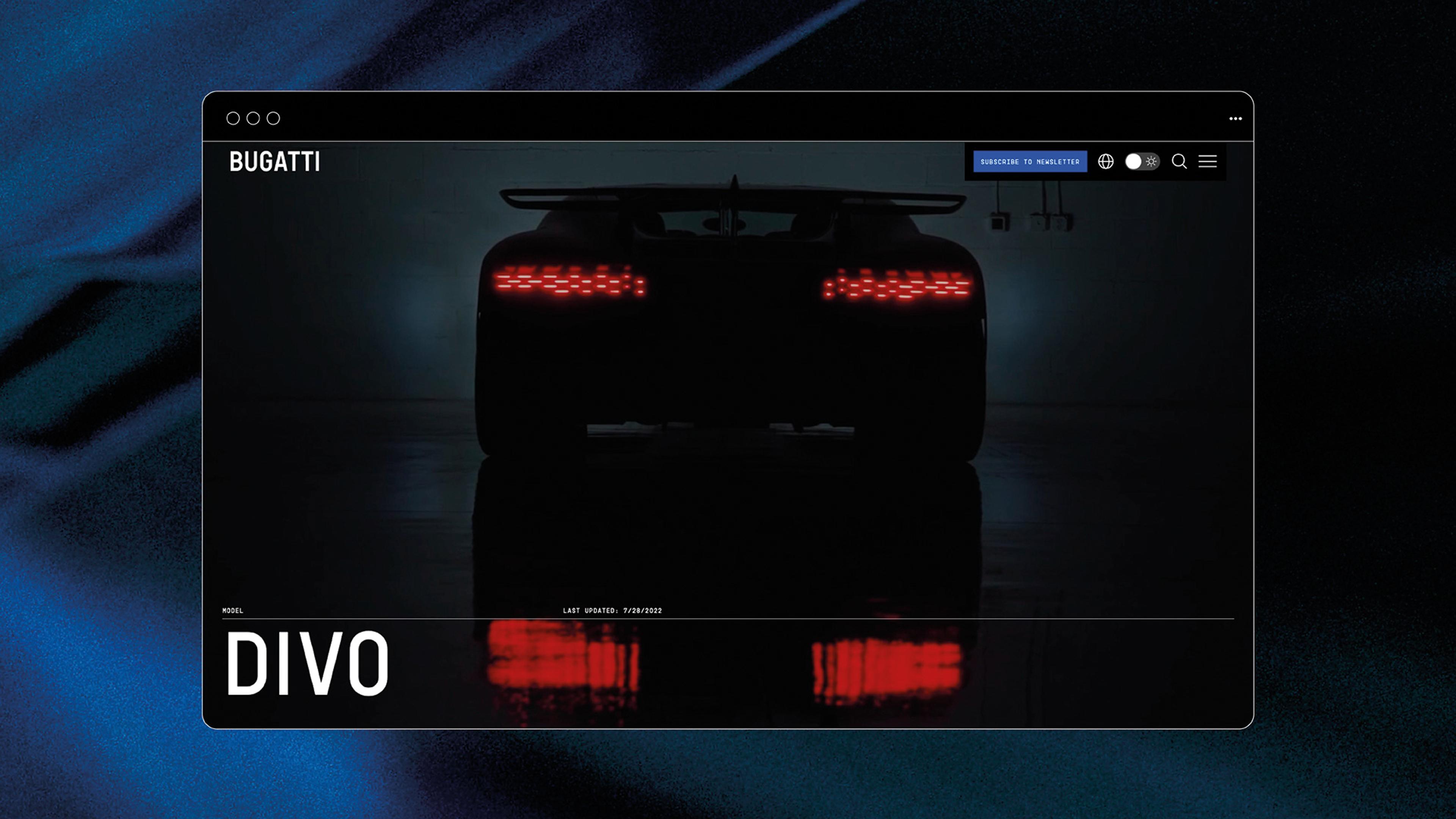 A simulated computer screen displays the back end of the Bugatti Divo, featuring its iconic rear lights.