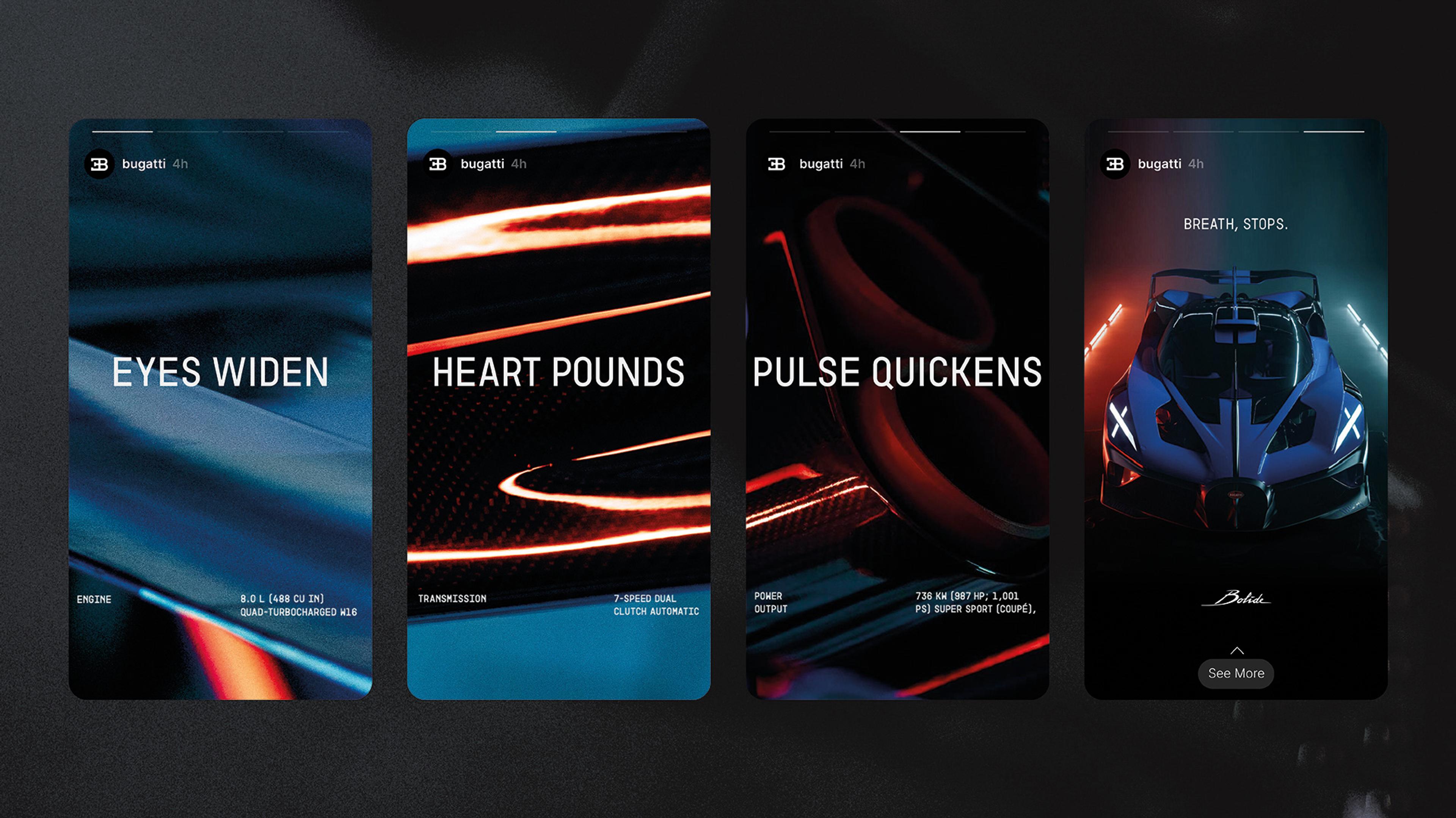 Four marketing slides from Bugatti showcase features of the Bolide model. Slides progress through the phrases: eyes widen, heart pounds, pulse quickens, and breath stops. The last slide presents a digital rendering of the Bolide.