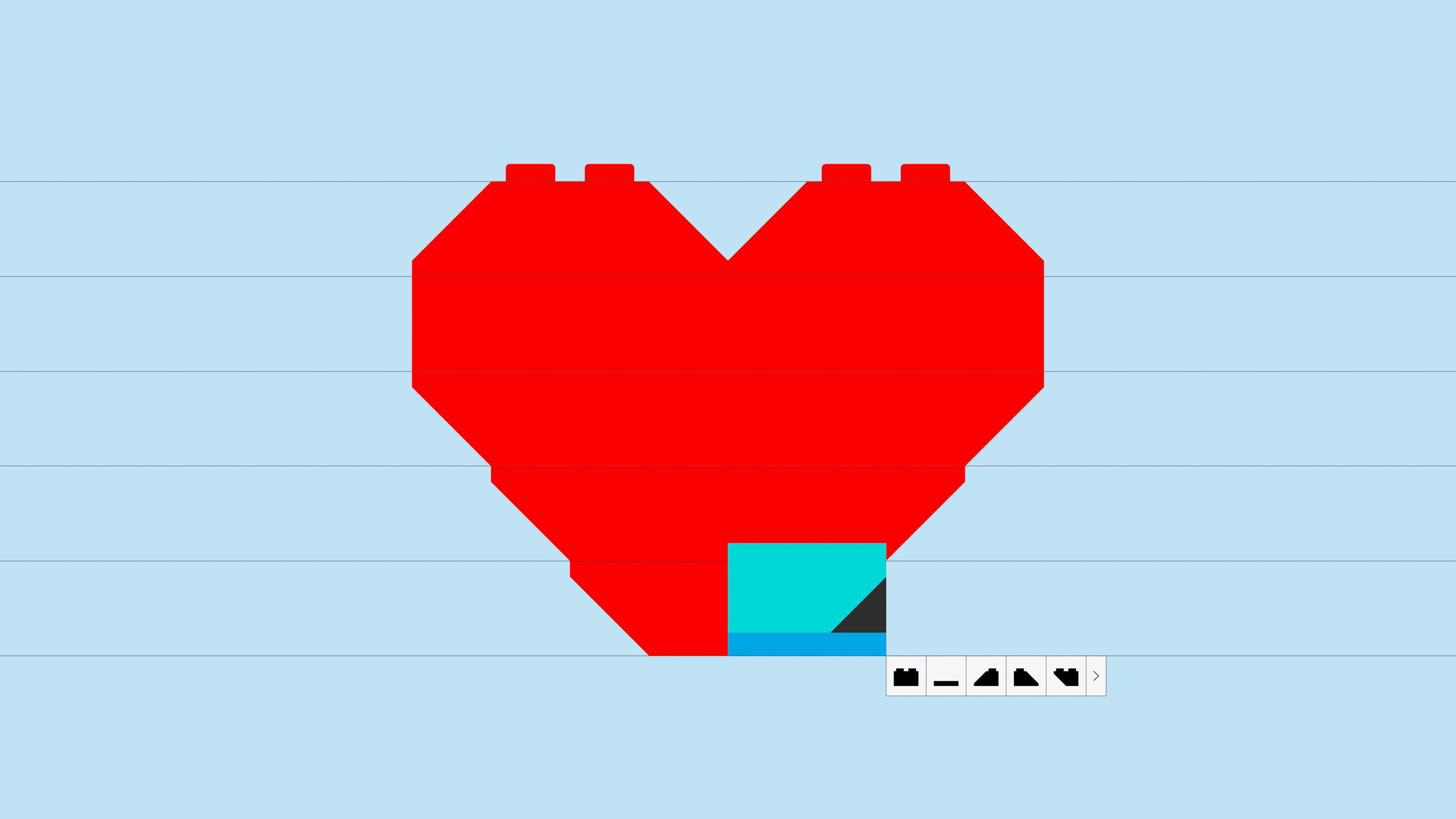 A red heart constructed from interlocking plastic bricks rests on a horizon blue background with visible equidistant horizontal lines; below the heart, a stack of three small bricks, primarily teal, creates a minimalist pedestal.