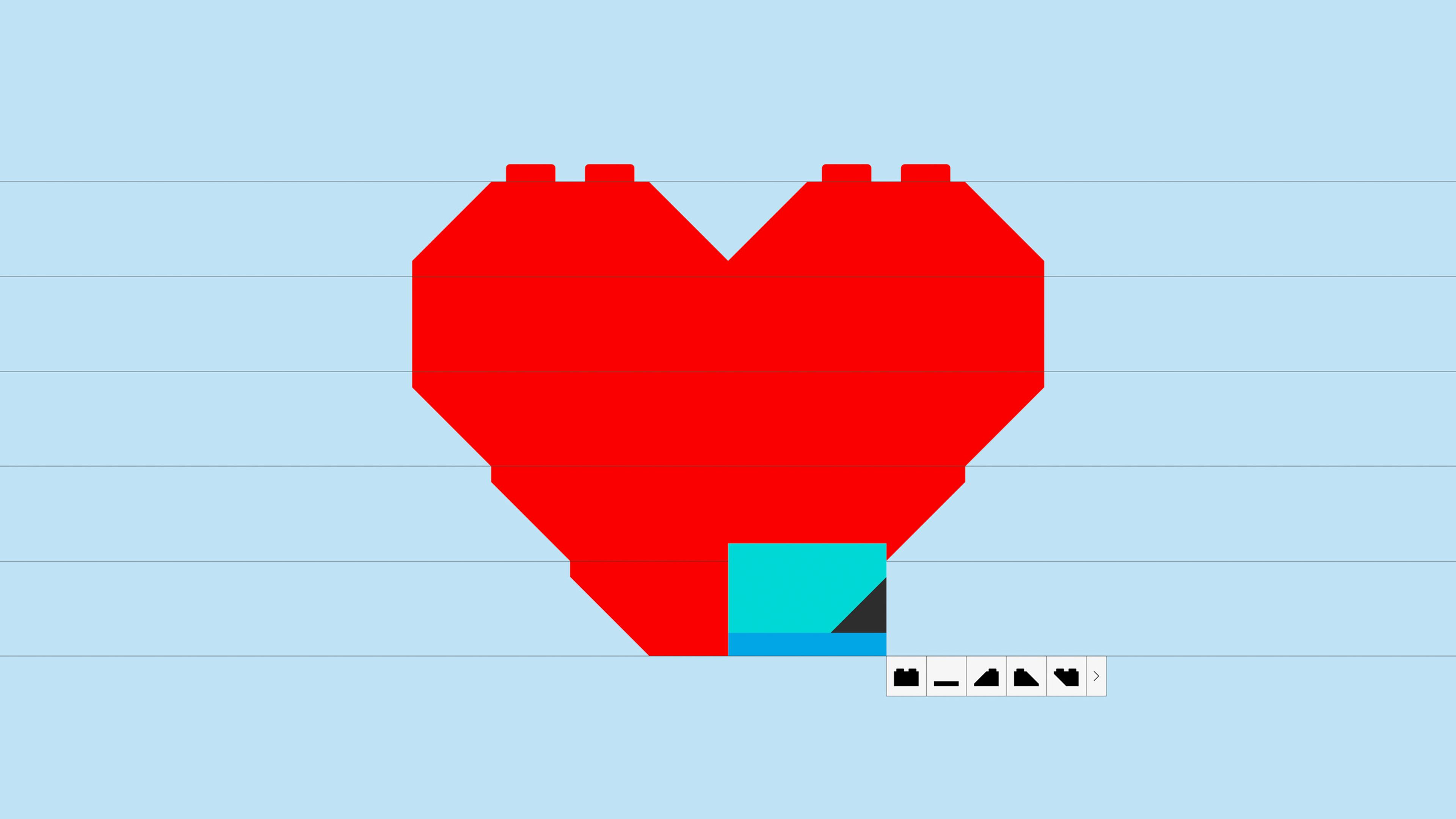 A red heart constructed from interlocking plastic bricks rests on a horizon blue background with visible equidistant horizontal lines; below the heart, a stack of three small bricks, primarily teal, creates a minimalist pedestal.