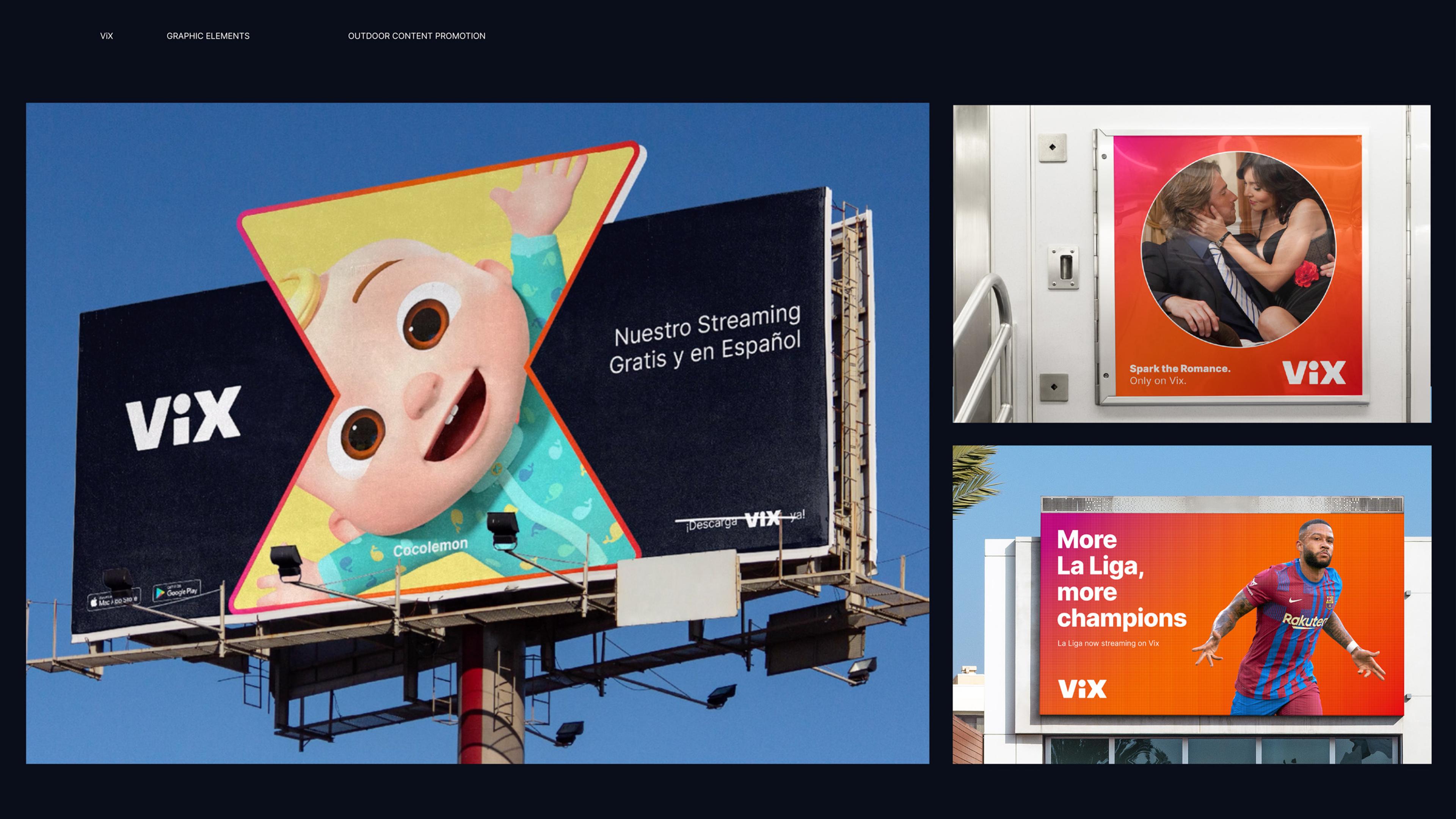 Collage of Vix advertisement graphics featuring billboards and indoor signage. A yellow and blue Cocomelon billboard promotes free Spanish streaming; a sign on a white wall suggests romance, picturing a couple embracing; and a building features "La Liga" advertising, displaying a soccer player in uniform.