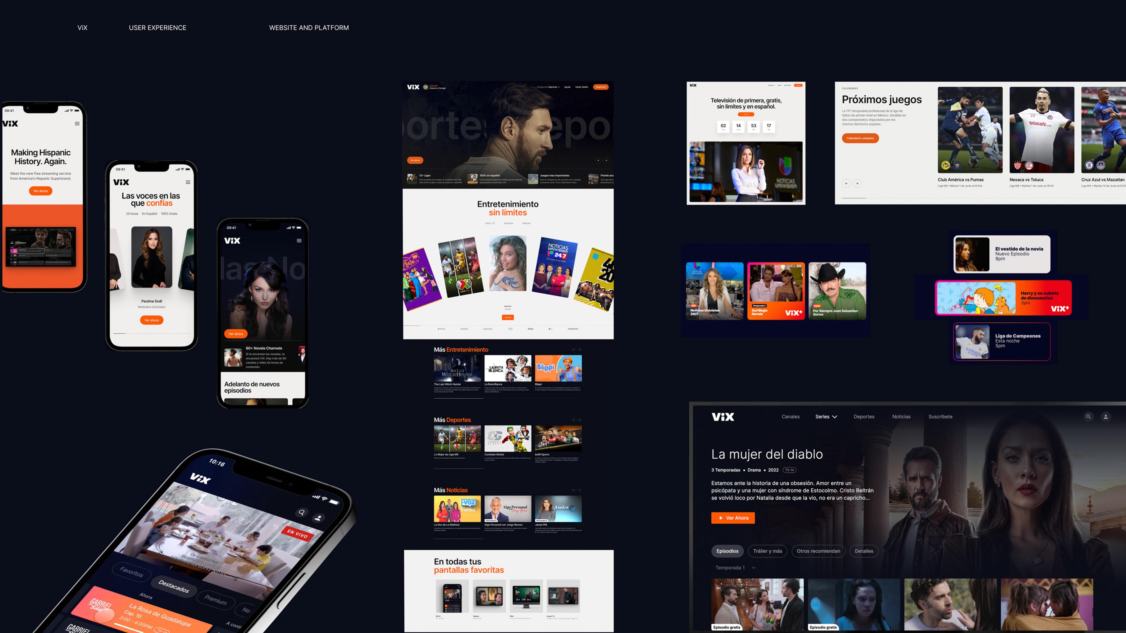 Montage of ViX's user interface across multiple devices, showcasing content offerings, including news, sports, and entertainment, available across platforms.