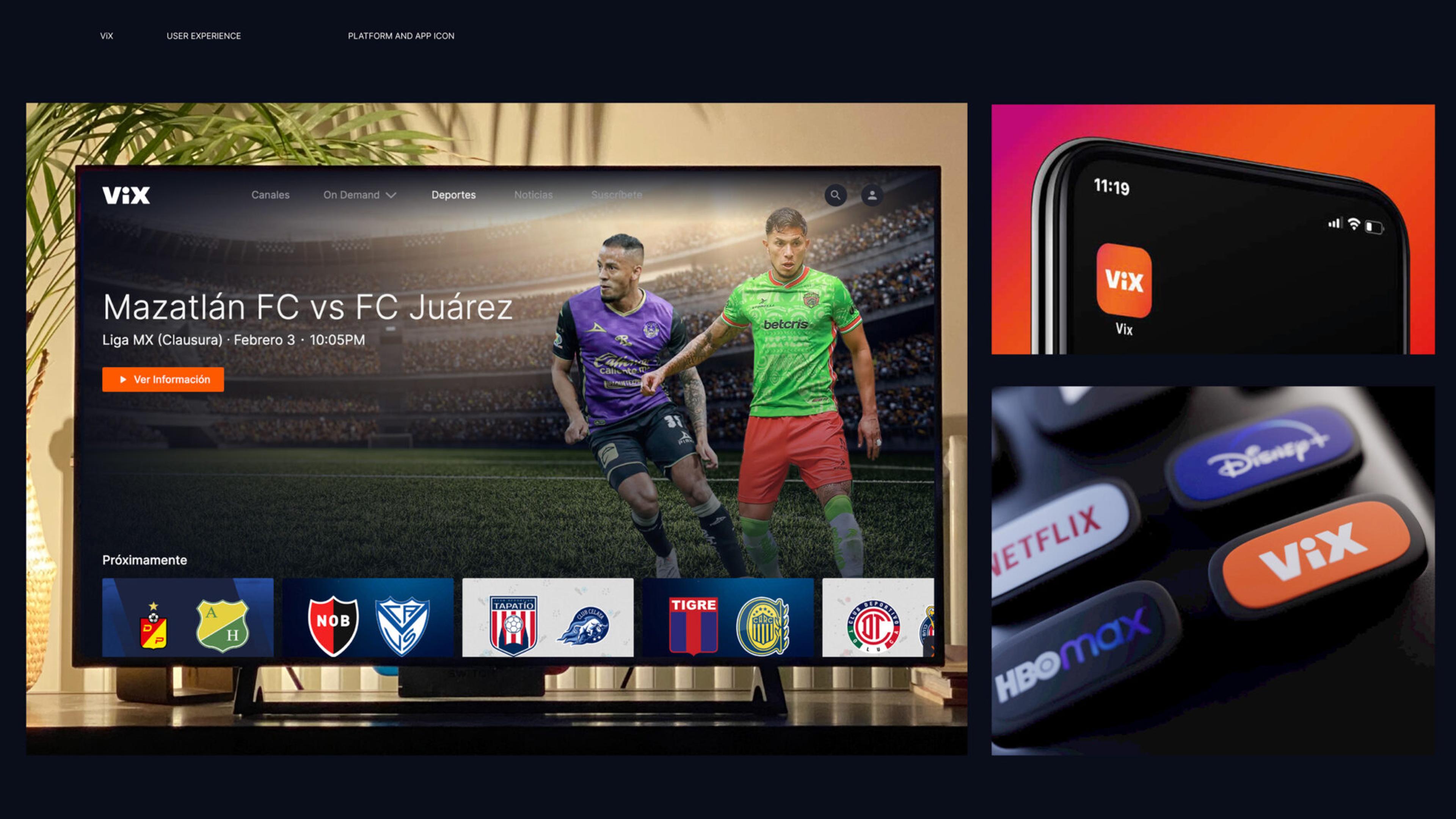 Collage depicting the ViX streaming platform, showcasing a soccer game on a television screen, the ViX app icon on a mobile device, and a remote control highlighting the ViX button alongside other streaming services.