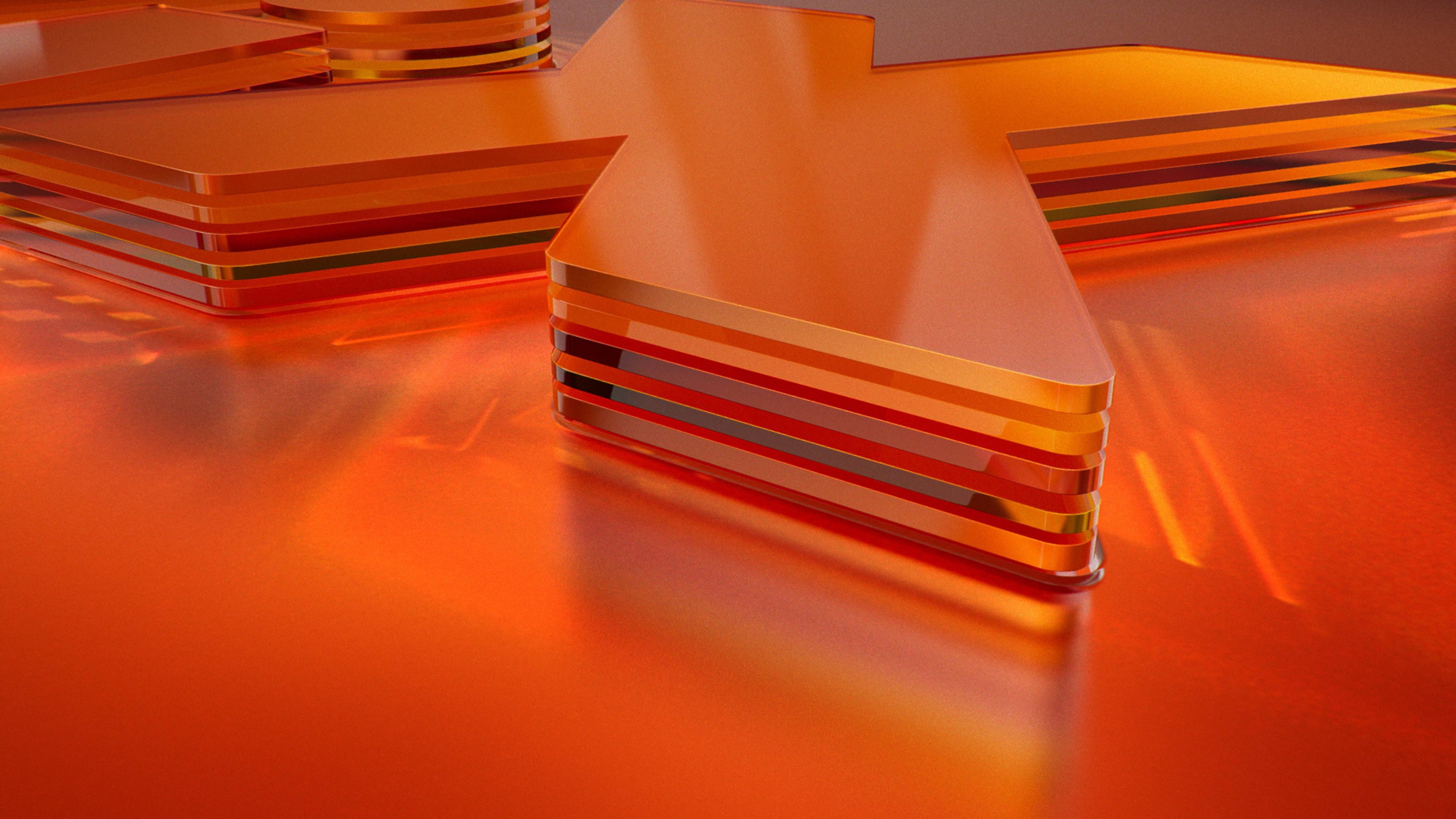 Abstract arrangement of amber-colored translucent layered arrow shapes oriented to the upper right.