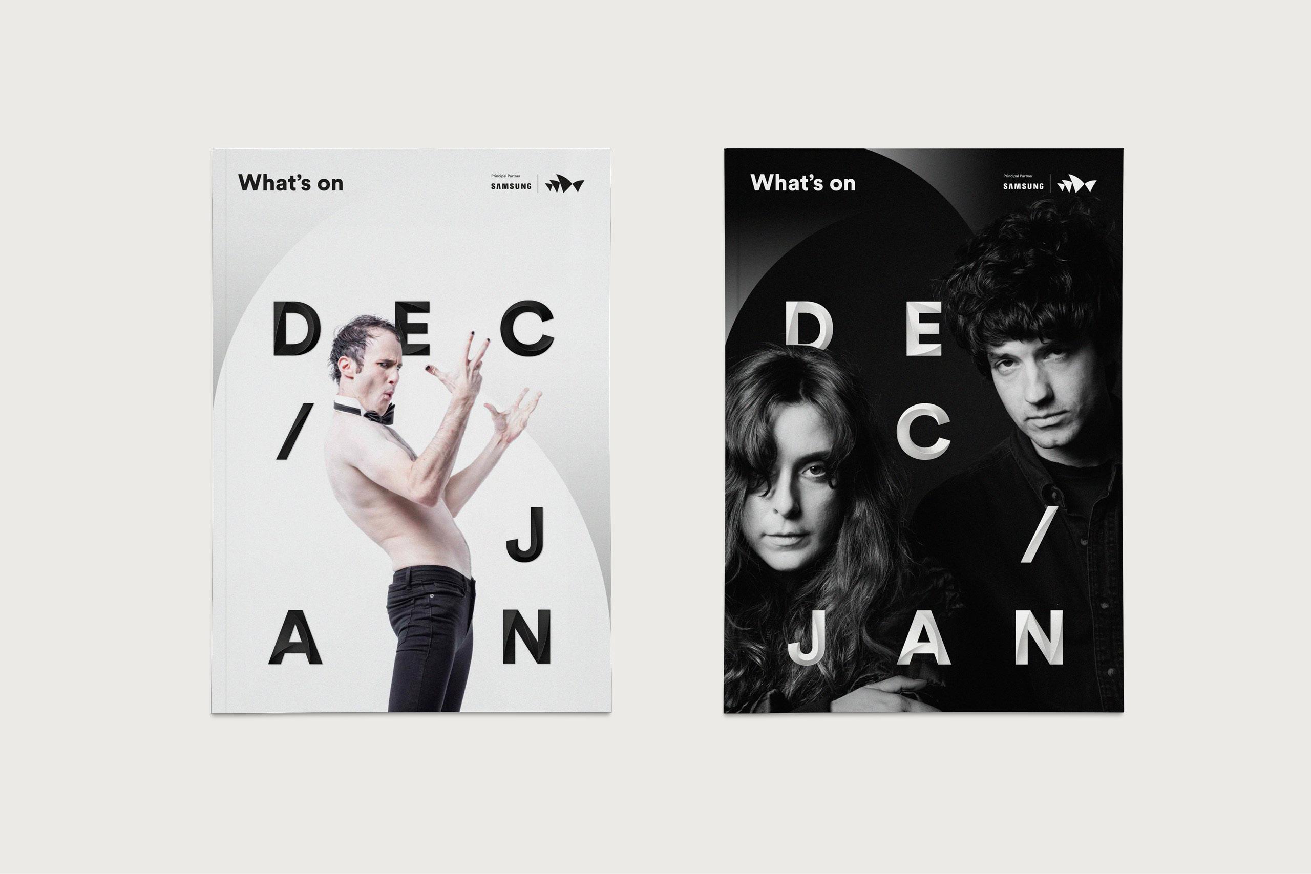 Two magazine covers labeled "What's On" for December/January are displayed side-by-side. The left cover features a shirtless man in a bowtie with a playful, surprised expression. The right cover is in black and white, depicting a man and woman with neutral expressions. Both covers incorporate the text "DEC/JAN."