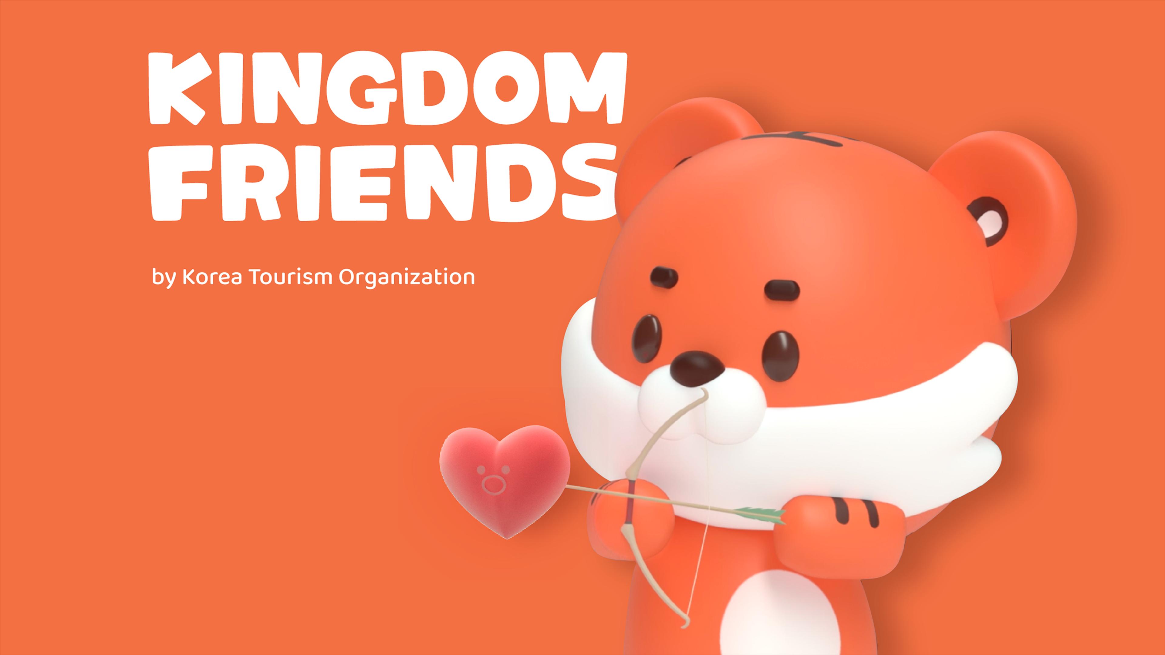 Digital advertisement for "Kingdom Friends by Korea Tourism Organization" featuring a cartoon tiger drawing back a bow and arrow aimed at a heart.