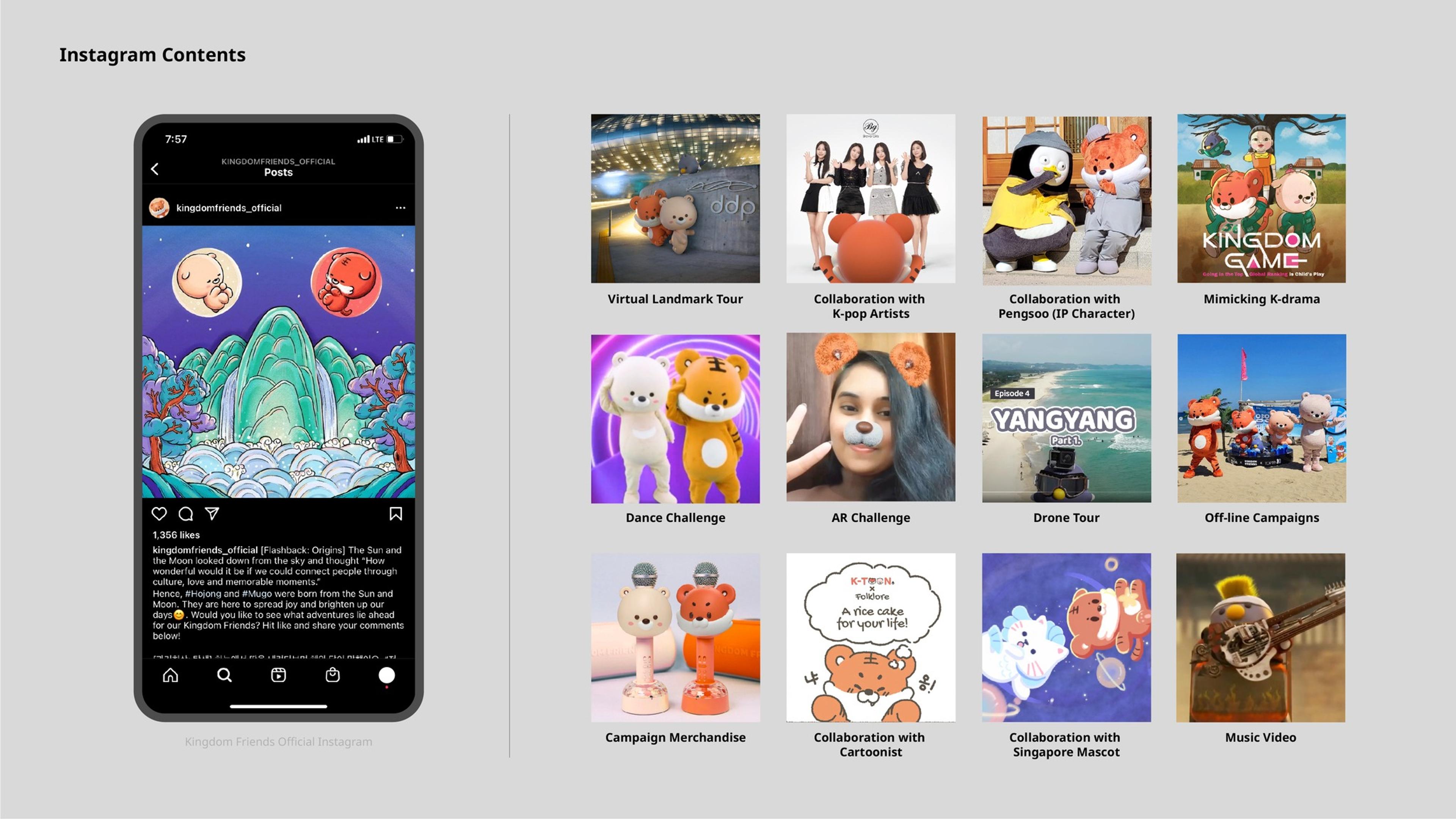 Collage showing promotional Instagram posts for Kingdom Friends, a brand featuring cartoon characters, highlighting virtual tours, collaborations with artists and mascots, dance challenges, promotional merchandise, and drone tour videos.