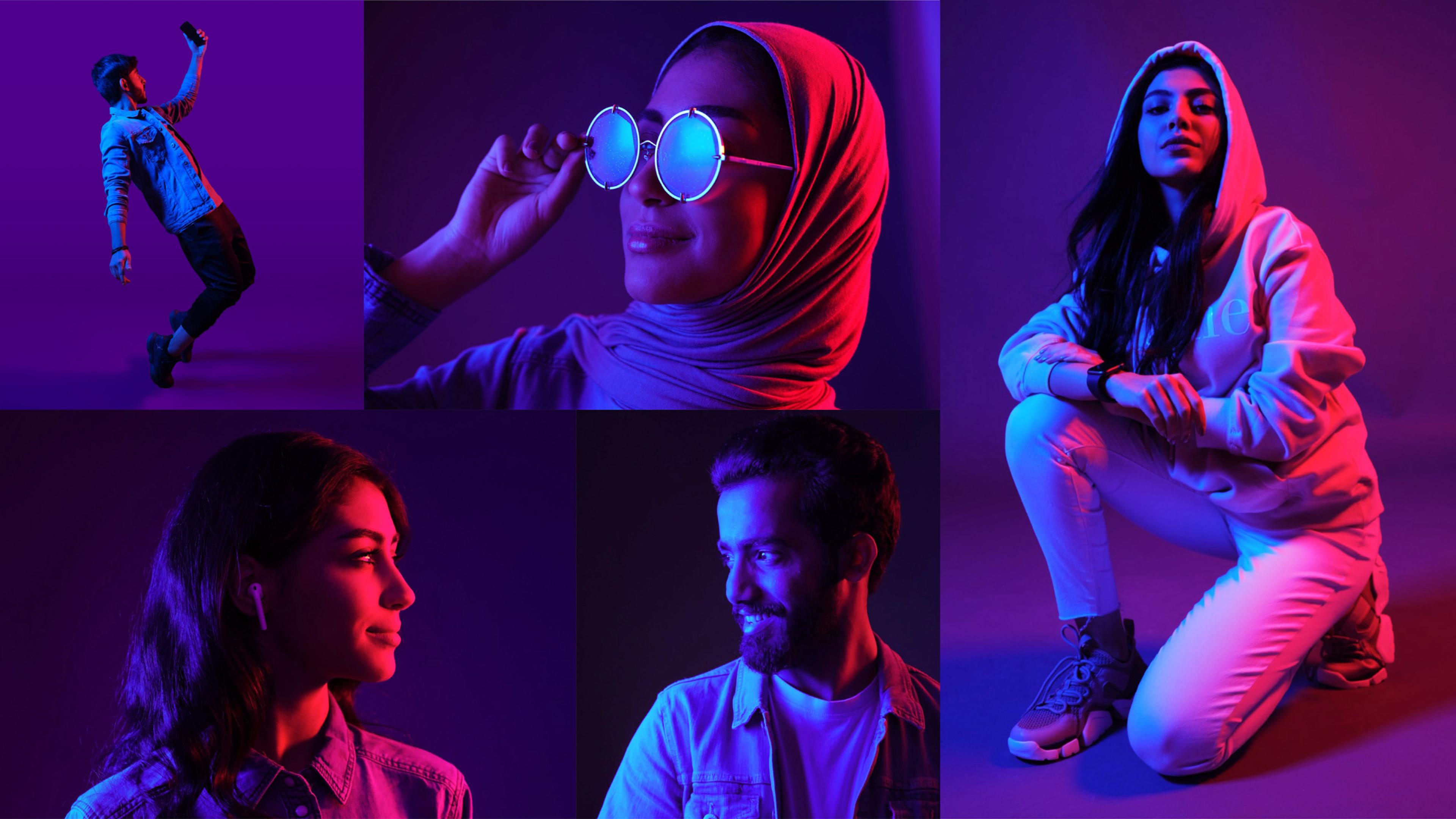Composite image of five diverse individuals, each illuminated in red and blue lighting, against a dark backdrop. The top left features a person in mid-dance, holding a phone, while the center shows a person wearing a hijab and circular sunglasses. The top right depicts a person in a hoodie with their arms crossed, the bottom left a person wearing earphones, and the bottom center a man smiling.