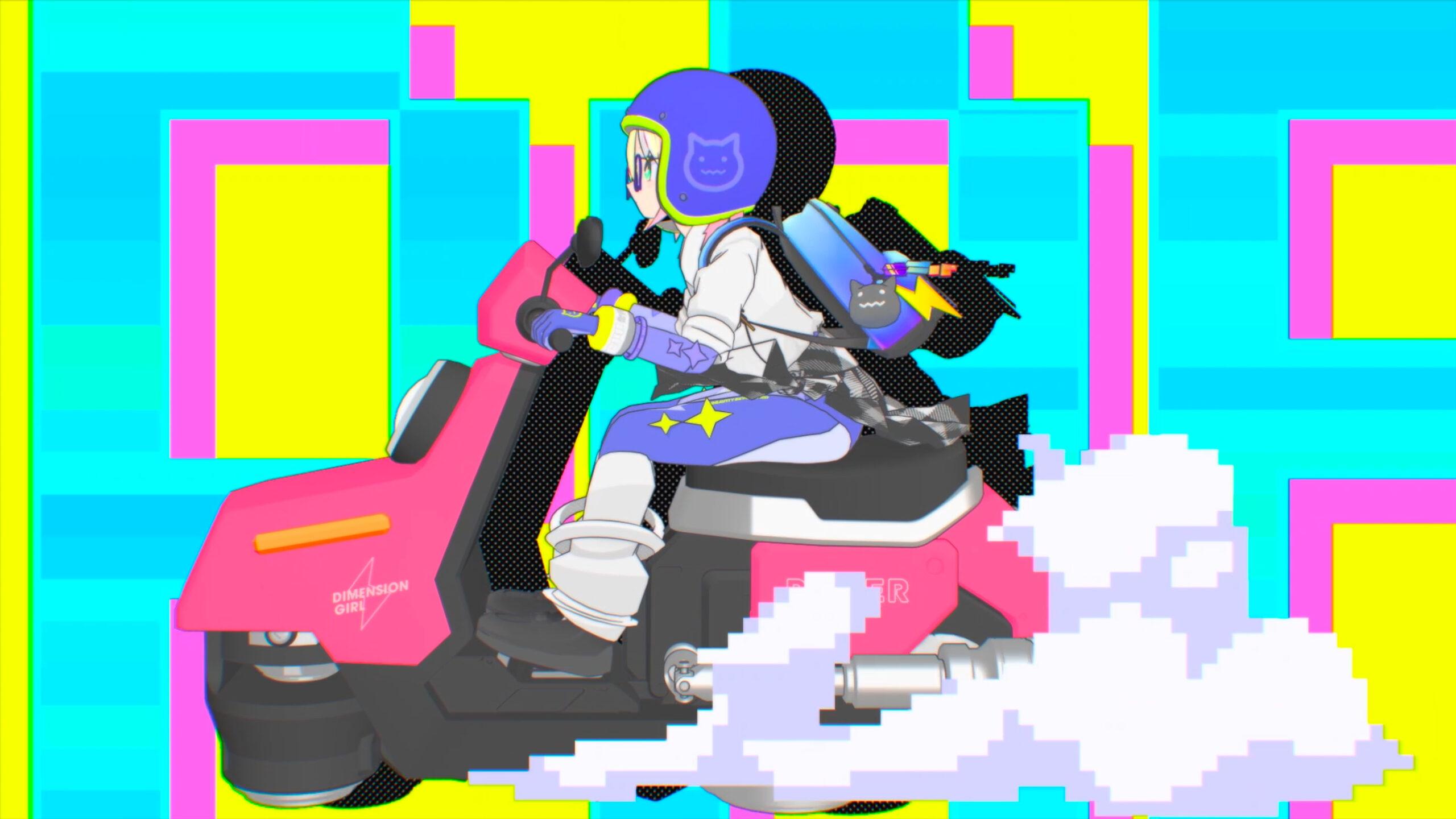 Animated illustration of a person riding a pink scooter against a vibrant background of yellow, pink, and cyan rectangles. The figure wears a blue helmet with a cat emblem, and a backpack with a lightning bolt detail. White pixelated smoke trails convey a sense of motion.