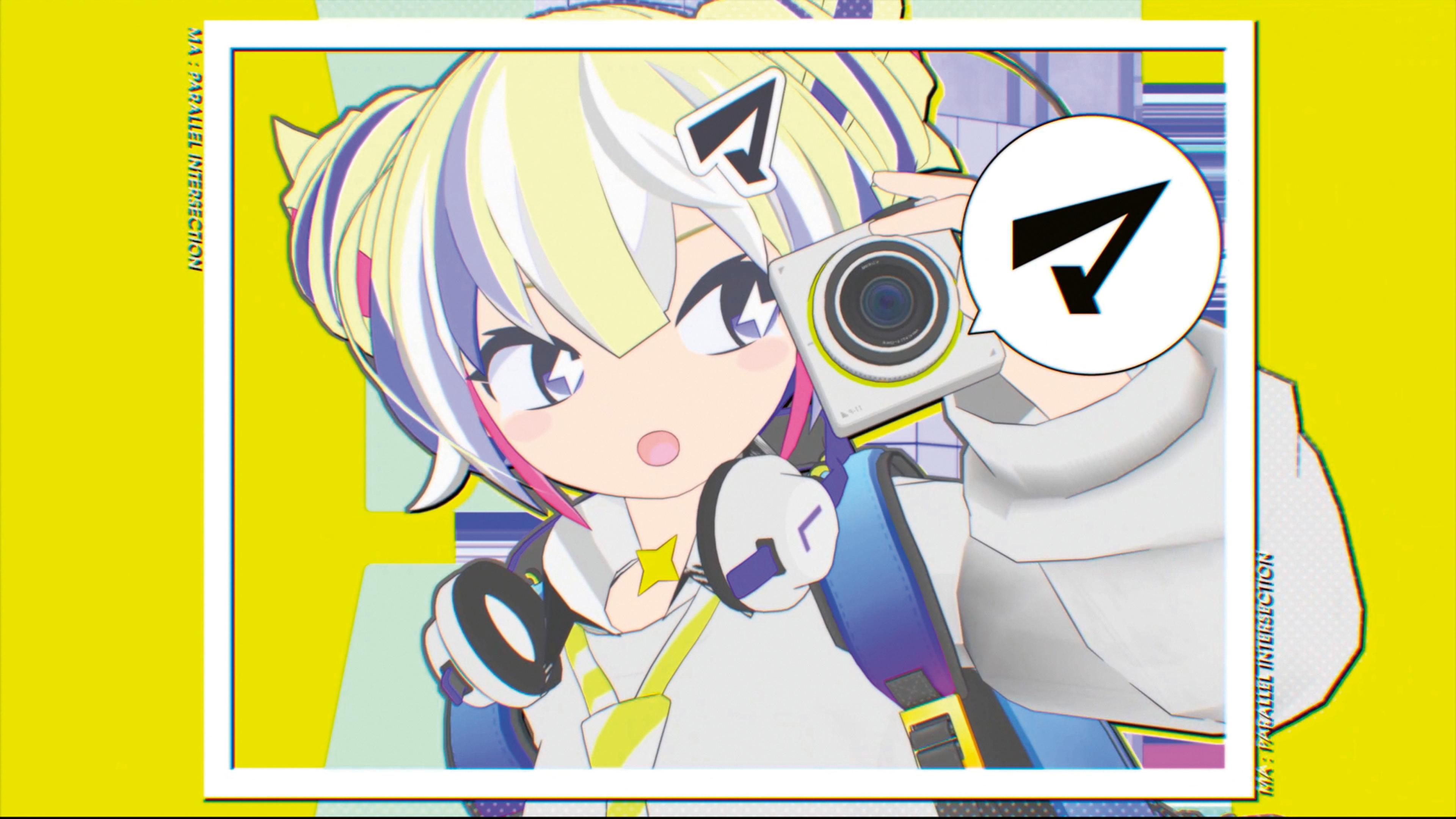 Cartoon anime-style girl with big, startled eyes, holding a white camera with a speech bubble containing a black minimalist arrow design.