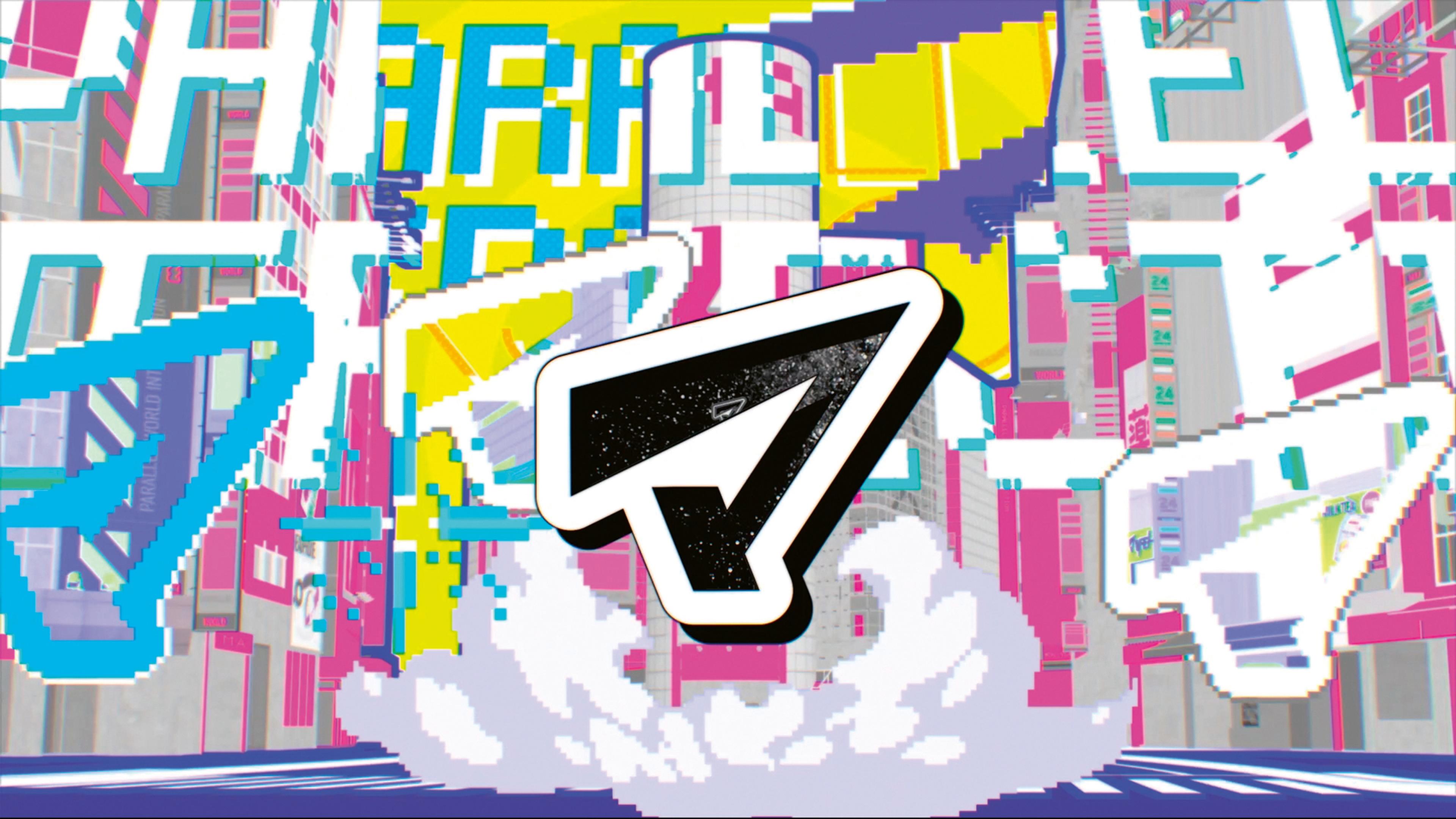 Abstract artwork featuring a central stylized paper airplane icon above pixelated white clouds, set against a vibrant, pixelated urban backdrop with buildings in shades of pink, white, and yellow.