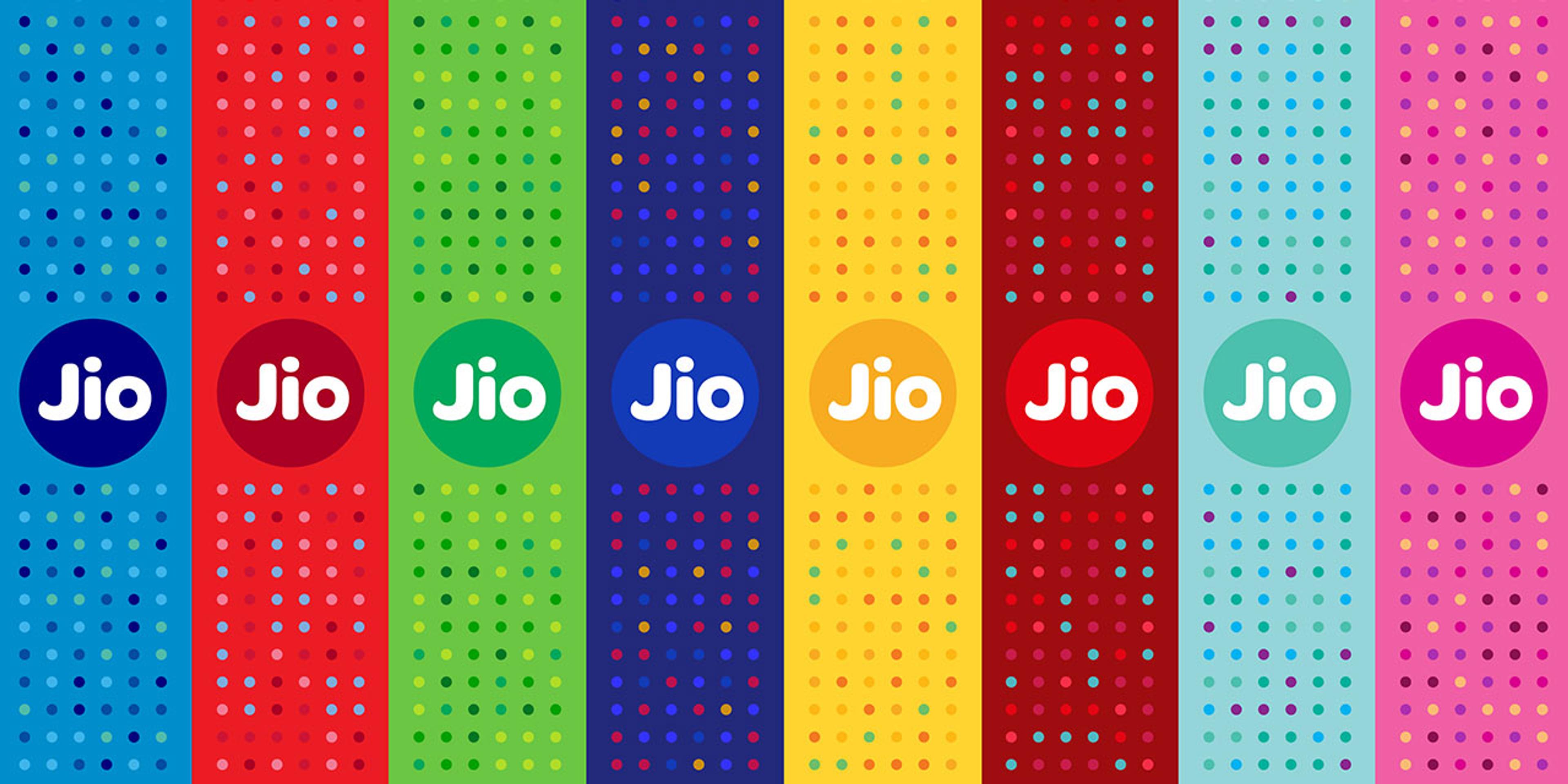 Eight vertical banners in varying solid colors with a dotted pattern and the Jio's logo in the bottom center.