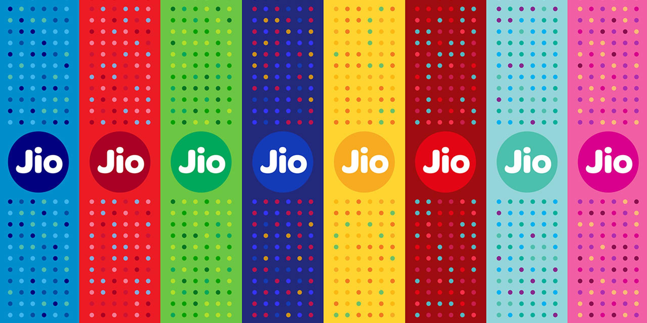 Eight vertical banners in varying solid colors with a dotted pattern and the Jio's logo in the bottom center.