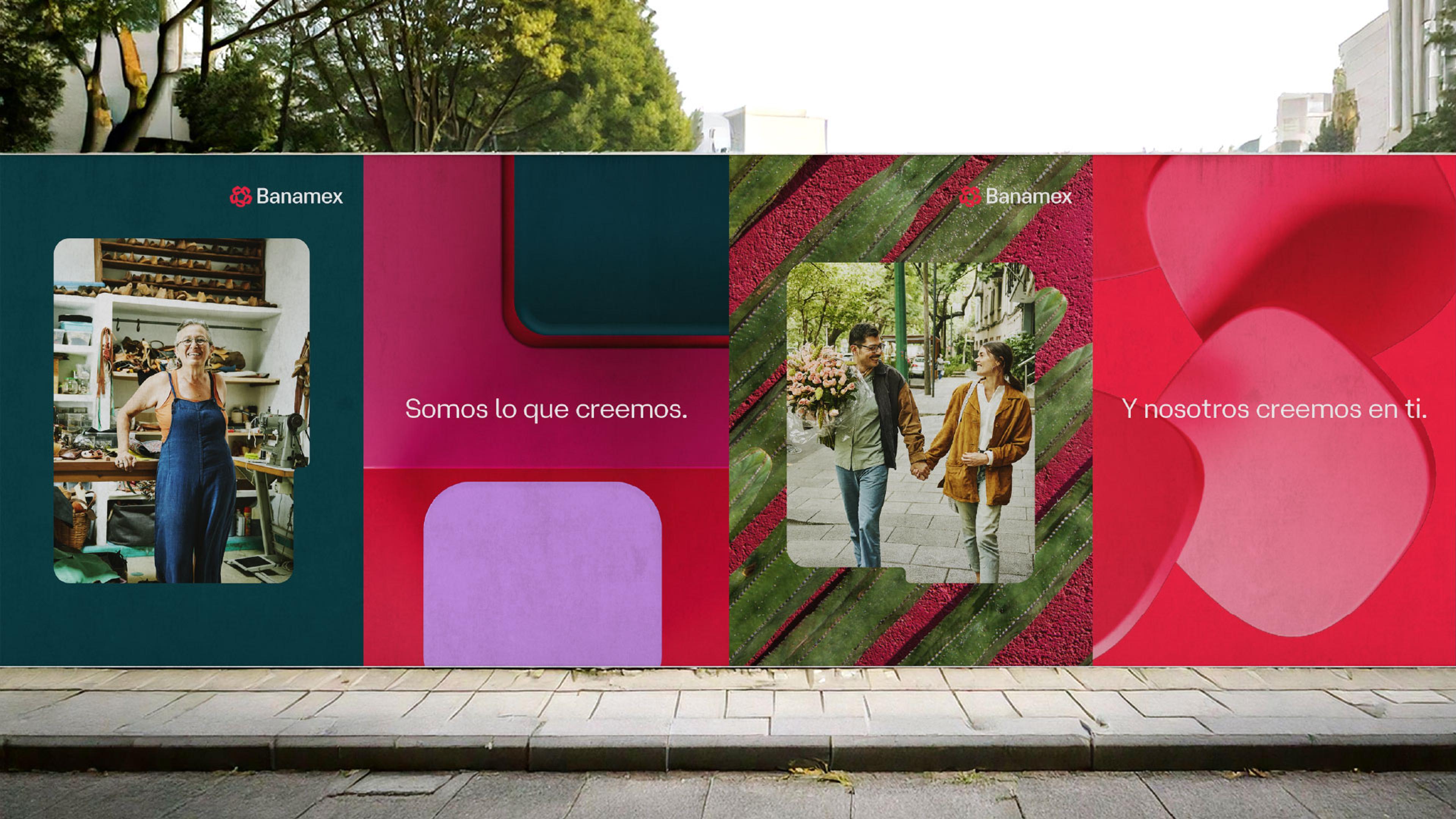 Outdoor Banamex advertisement depicting a series of scenes, including a smiling shoemaker in her workshop and a couple holding hands and flowers on a sunny street, accompanied by the tagline "Somos lo que creemos. Y nosotros creemos en ti."
