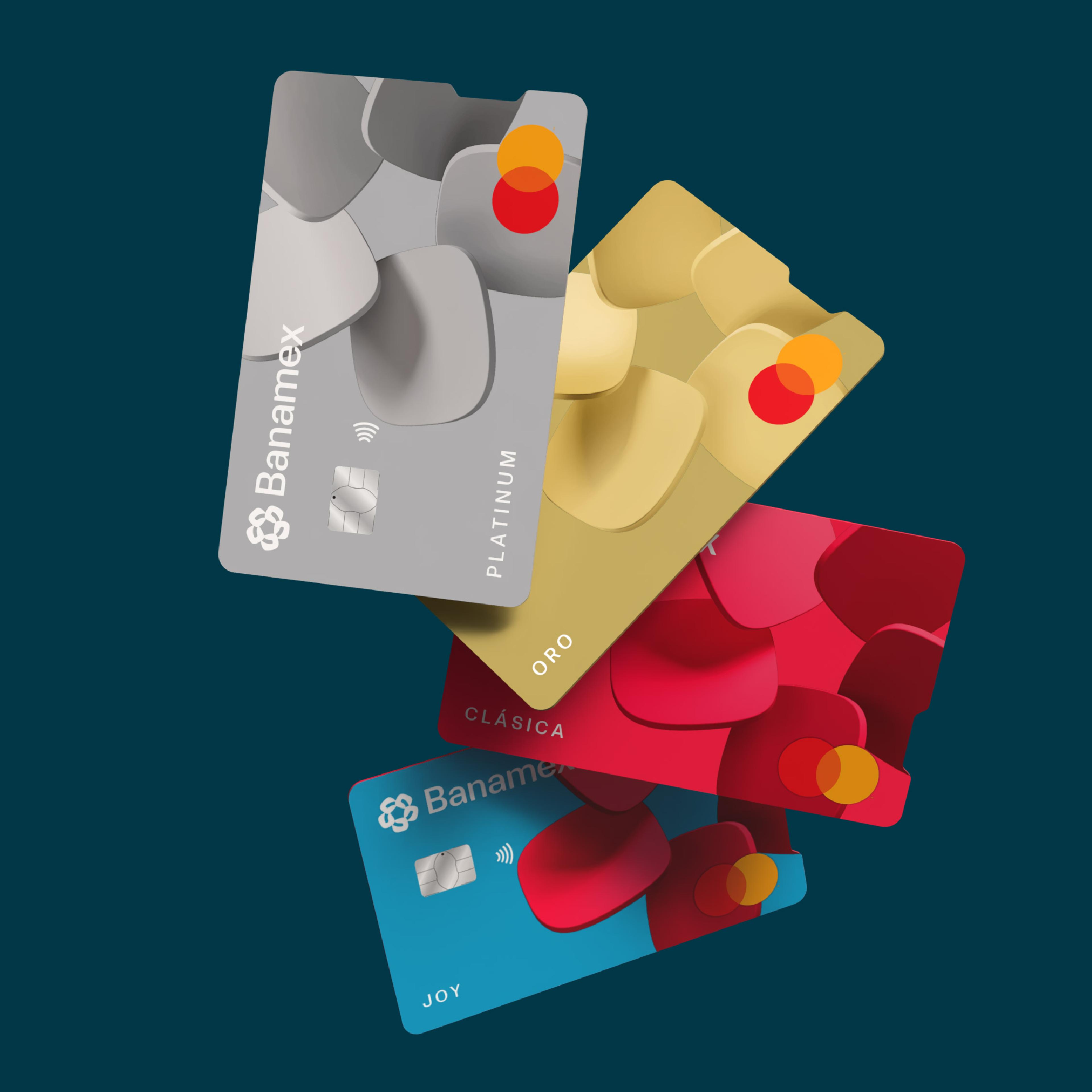 Four Banamex credit cards – Platinum, Oro, Clásica, and Joy – are stacked and slightly elevated against a dark teal background.