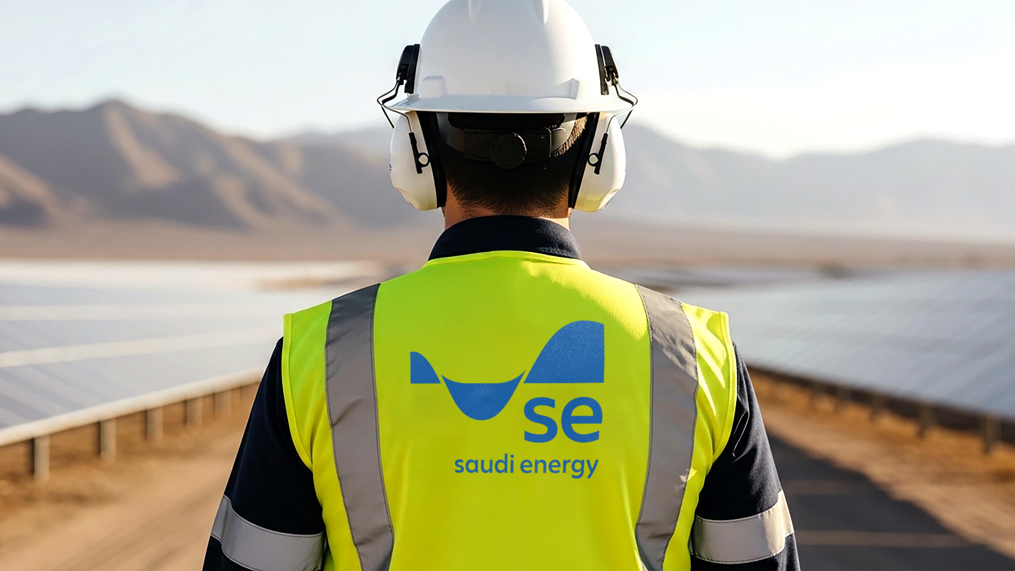 Worker in safety gear and a SE Saudi Energy vest stands near large solar panel arrays in a desert landscape with mountains in the background.