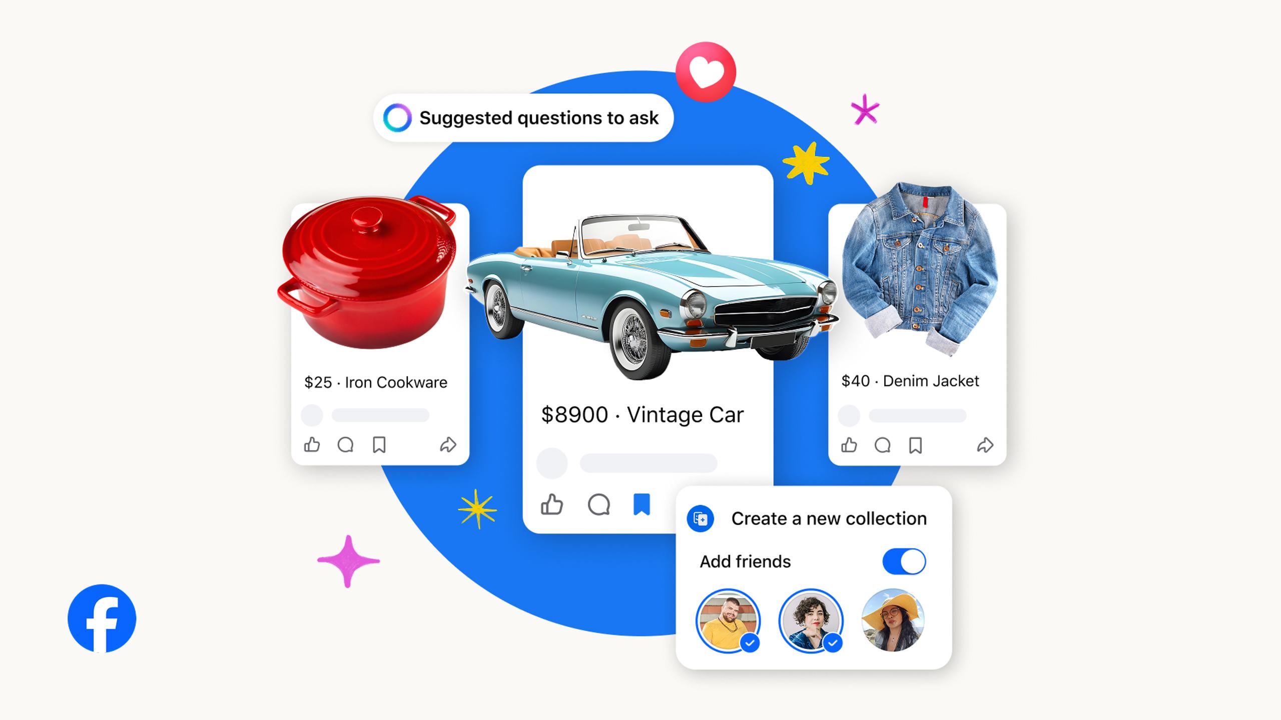 A promotional illustration of Facebook Marketplace featuring three product listing cards — a red cast iron pot priced at $25, a vintage teal convertible car at $8,900, and a denim jacket at $40 — arranged against a blue circular background. UI elements include a "Suggested questions to ask" prompt, a "Create a new collection" panel with an "Add friends" toggle and three user profile photos, and the Facebook logo in the bottom left corner.